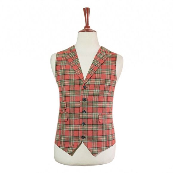 Mens 46R Wool Plaid Vest Brick Red Green Tartan Waistcoat Formal Wedding Party - Picture 1 of 8